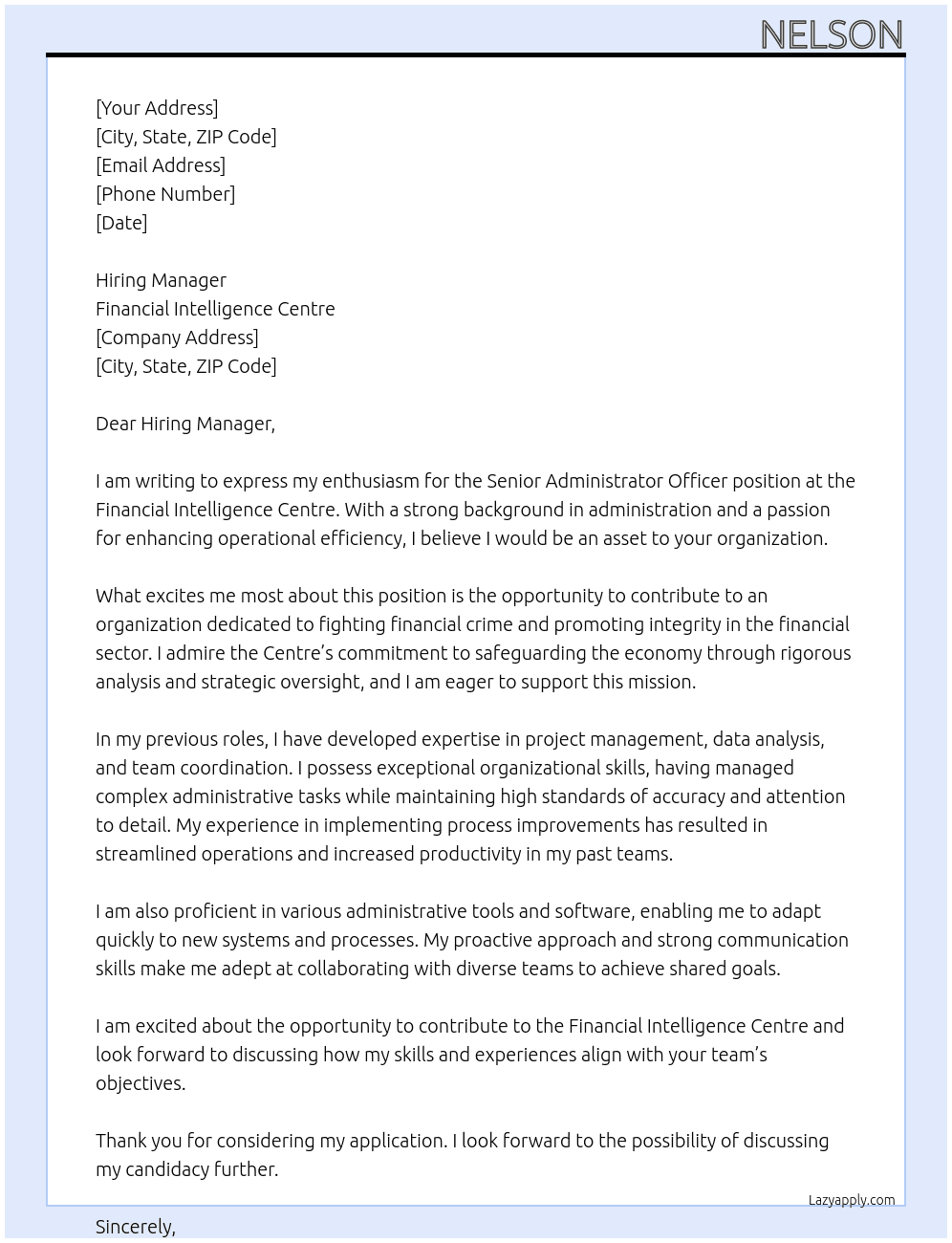 Senior Administrator Officer At Financial Intelligence Centre  Cover Letter