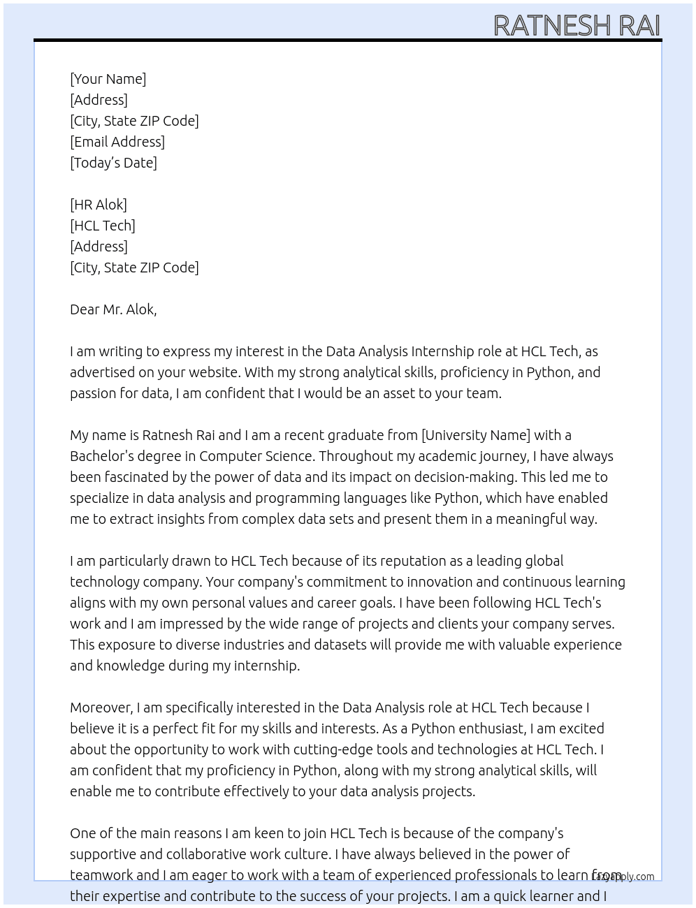 data analysis At hcl tech Cover Letter