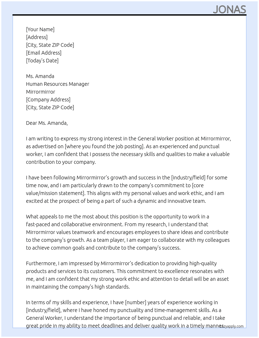 general worker At mirrormirror Cover Letter