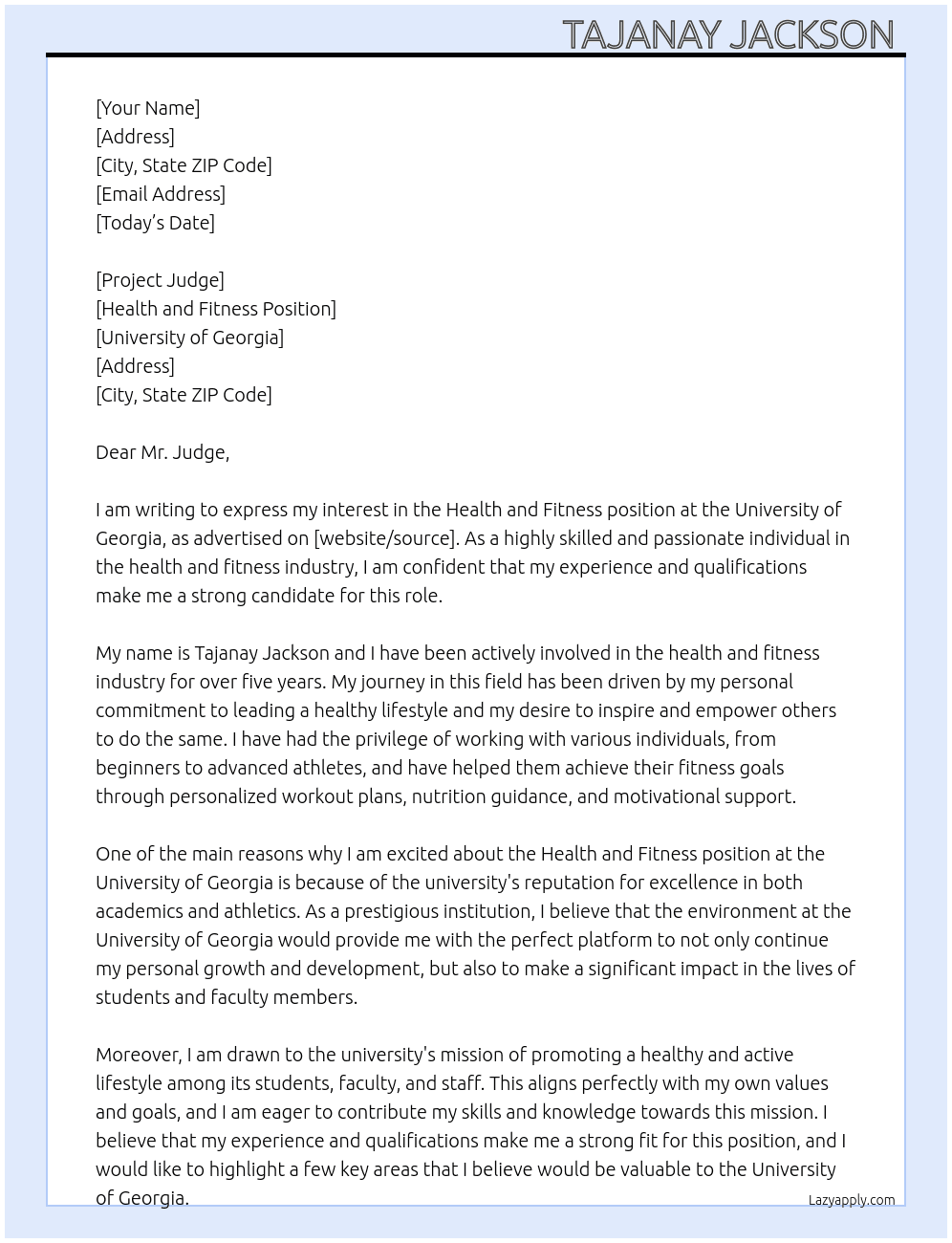 Health and Fitness At University of Georgia  Cover Letter
