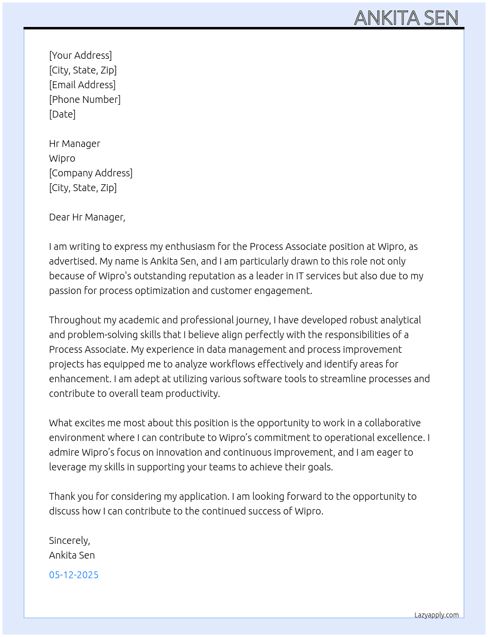 Process Associate  At Wipro  Cover Letter