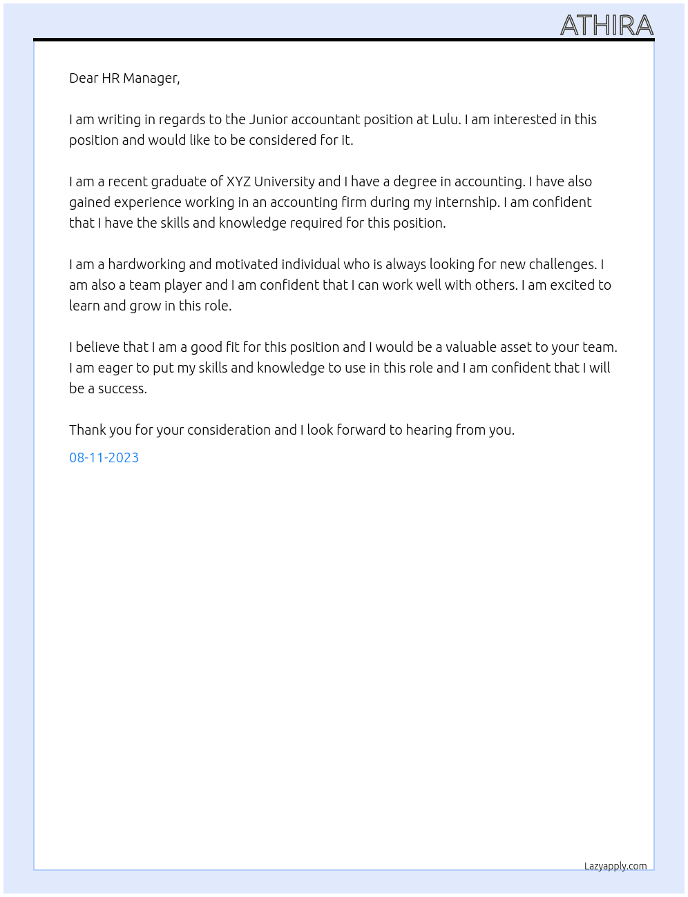 Junior accountant At lulu Cover Letter