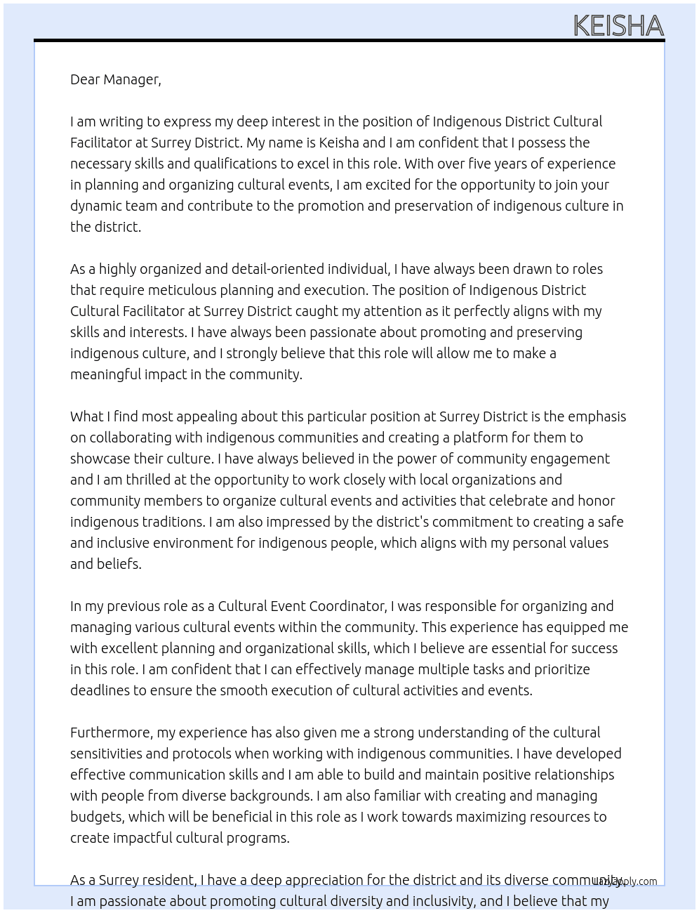 indigenous district cultural facilitators At Surrey district Cover Letter