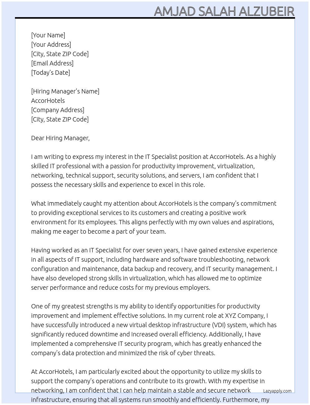 IT Specialist At AccorHotels Cover Letter