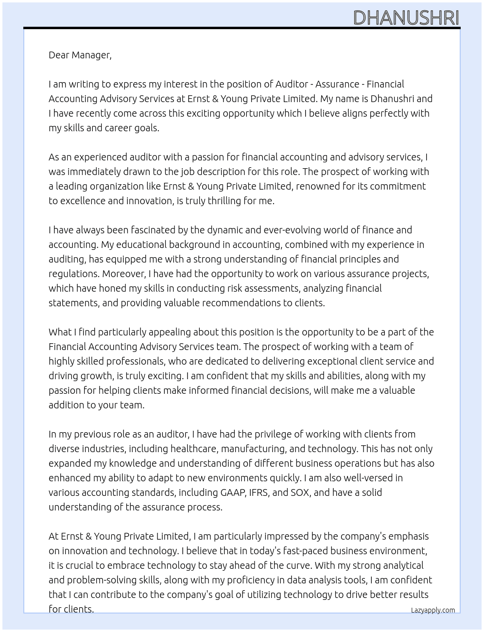 Auditor- Assurance- Financial Accounting Advisory Services At Ernst & Young Private Limited Cover Letter