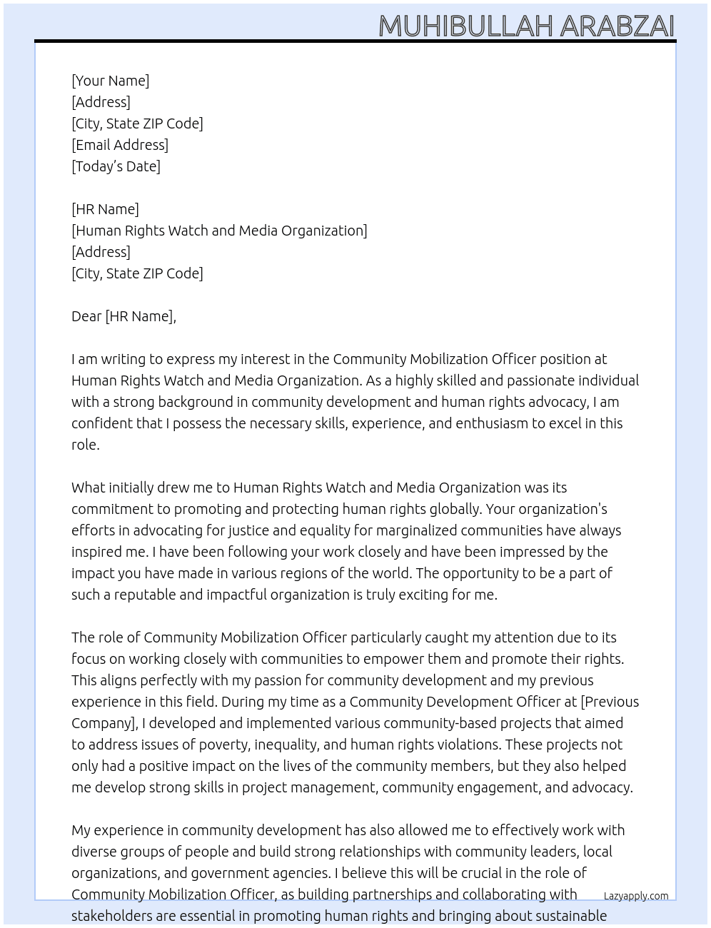 Community Mobilization officer At Human Rights Watch and Media Organization Cover Letter