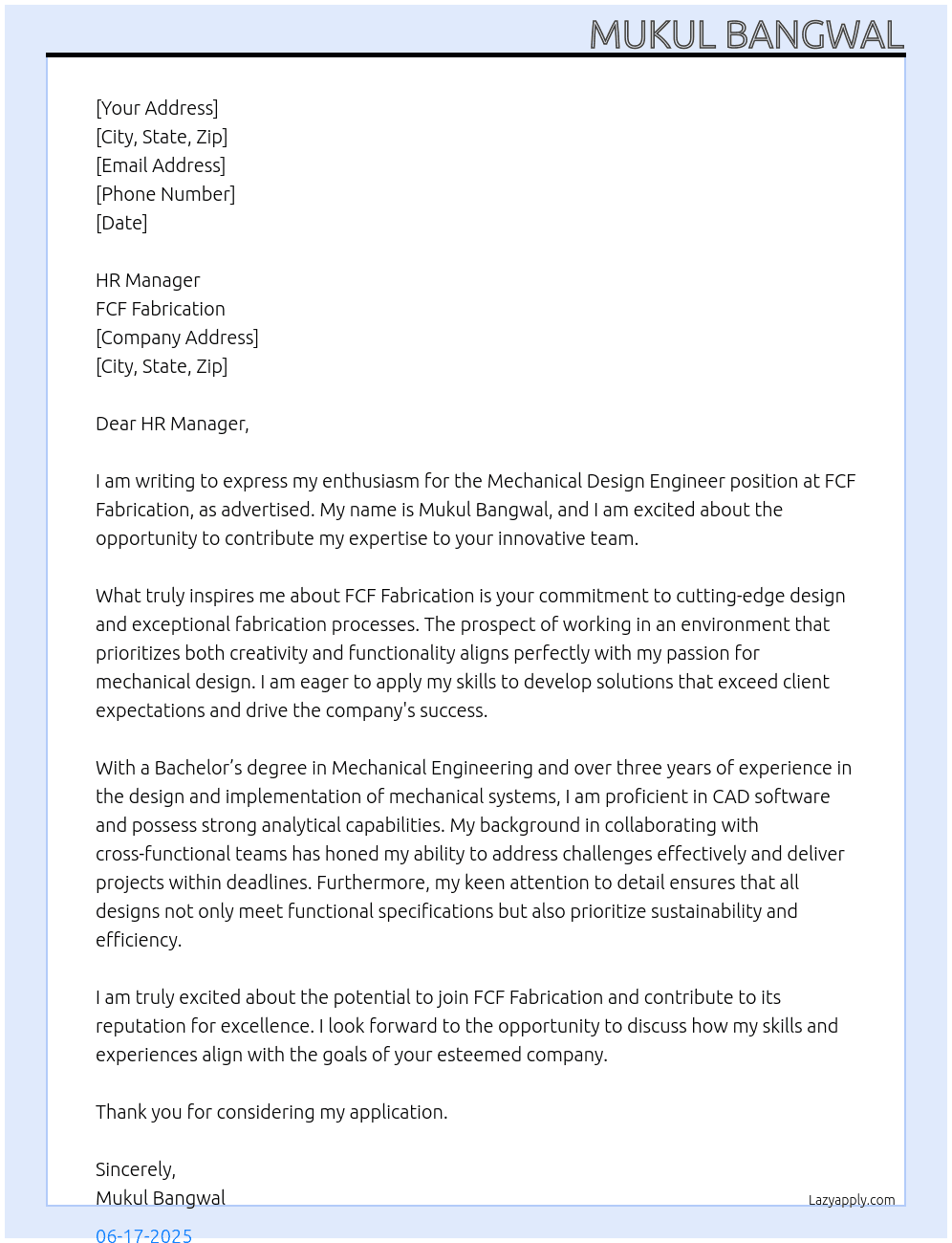 MECHANICAL DESIGN ENGINEER At FCF FABRICATION Cover Letter