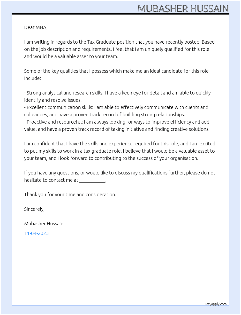 Tax Graduate  At MHA Cover Letter