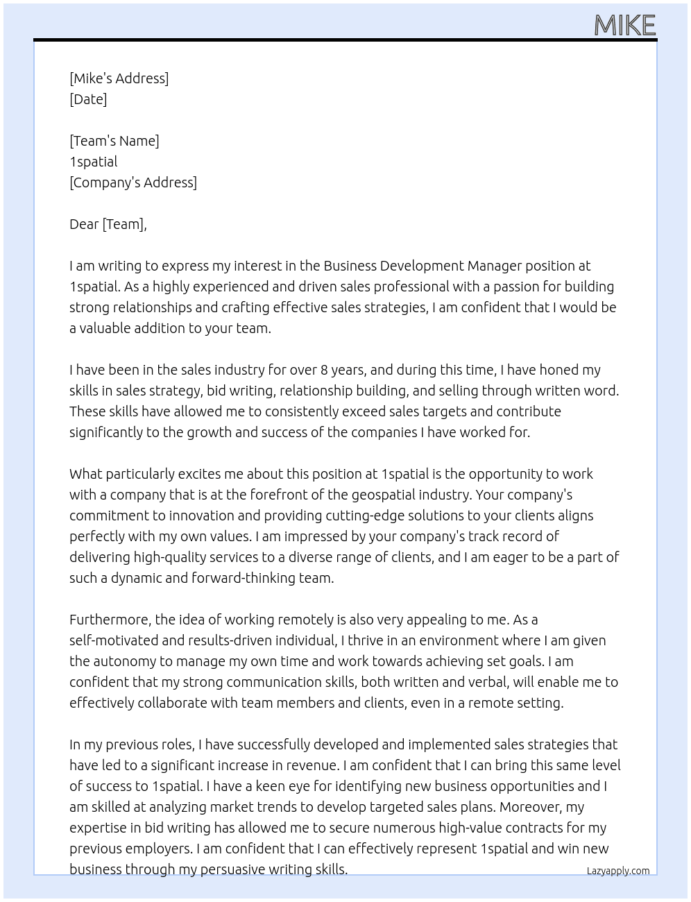 Business Development Manager At 1spatial Cover Letter