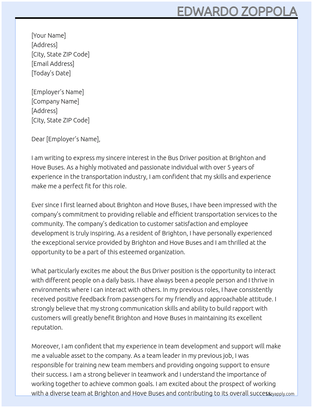 Bus driver At Brighton and Hove Cover Letter