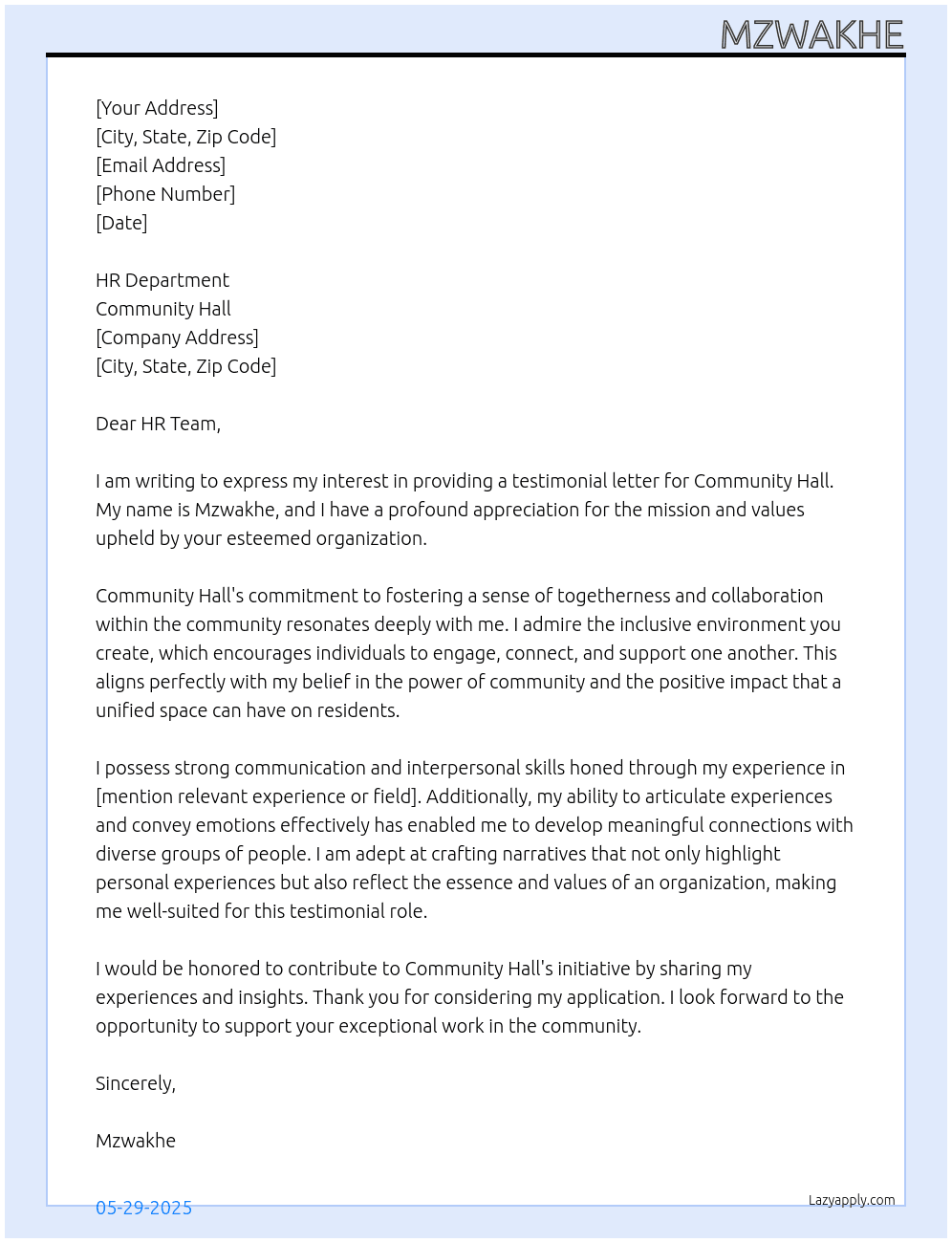 Testimonial letter At community hall Cover Letter
