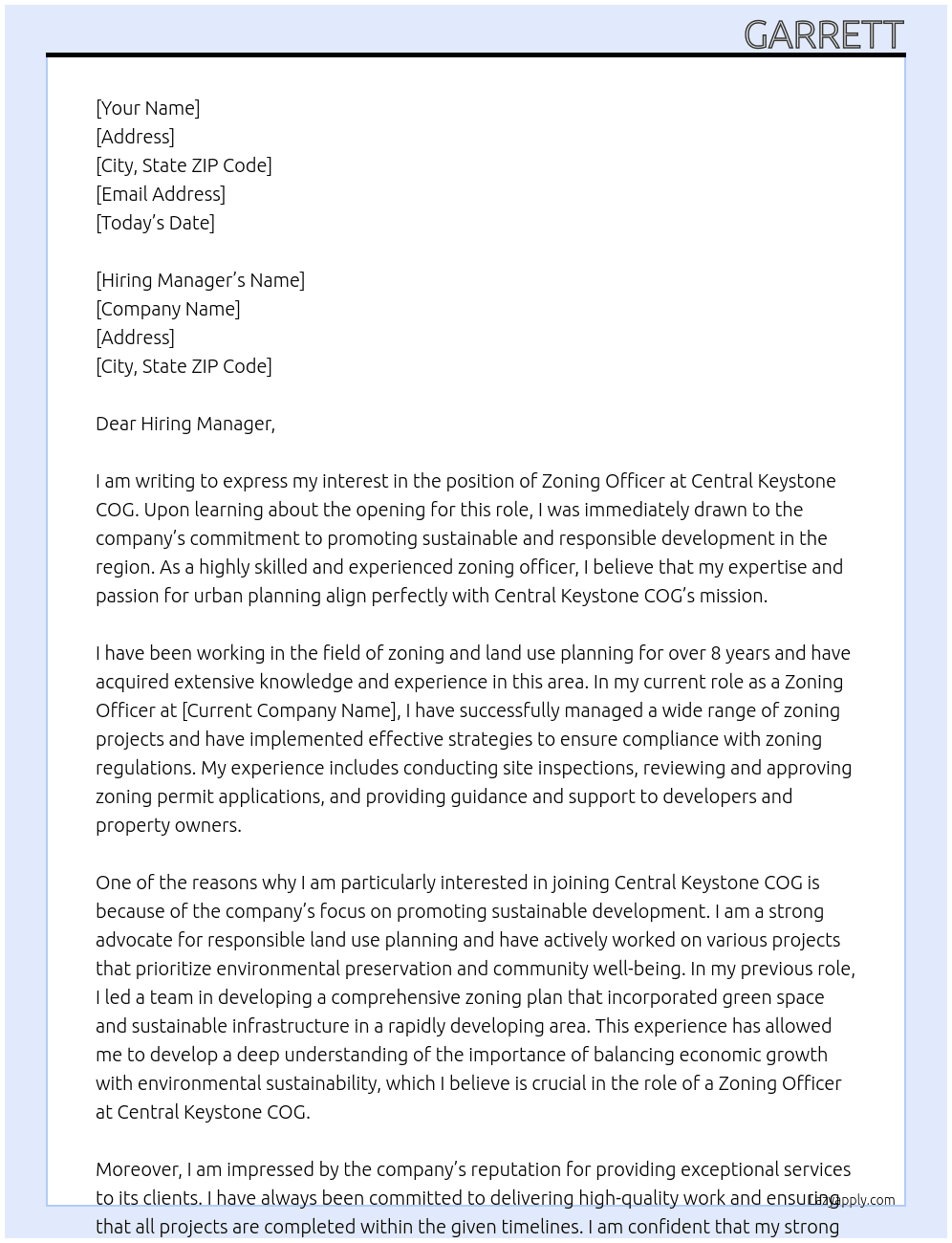 zoning officer At Central Keystone COG Cover Letter