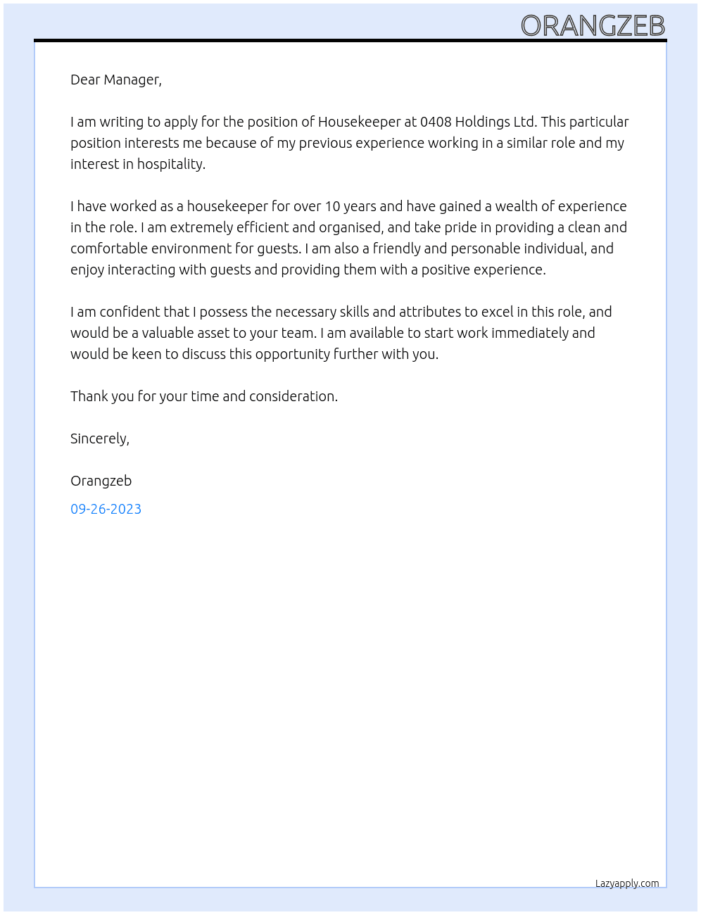 HOUSEKEEPPER At 0408 HOLDING LTD Cover Letter