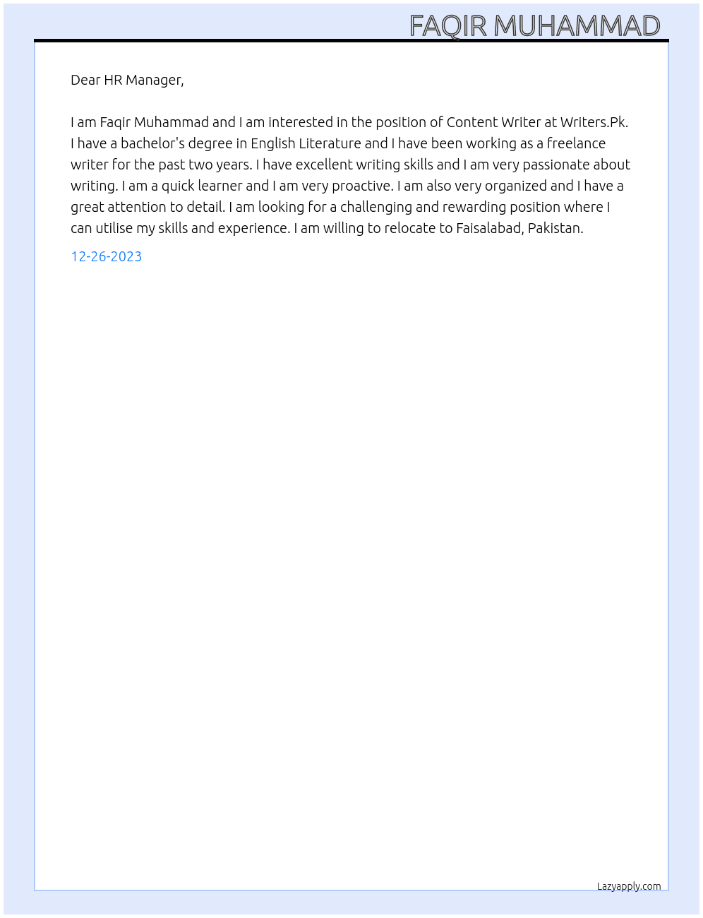 Content Writer  At Writers.Pk Cover Letter