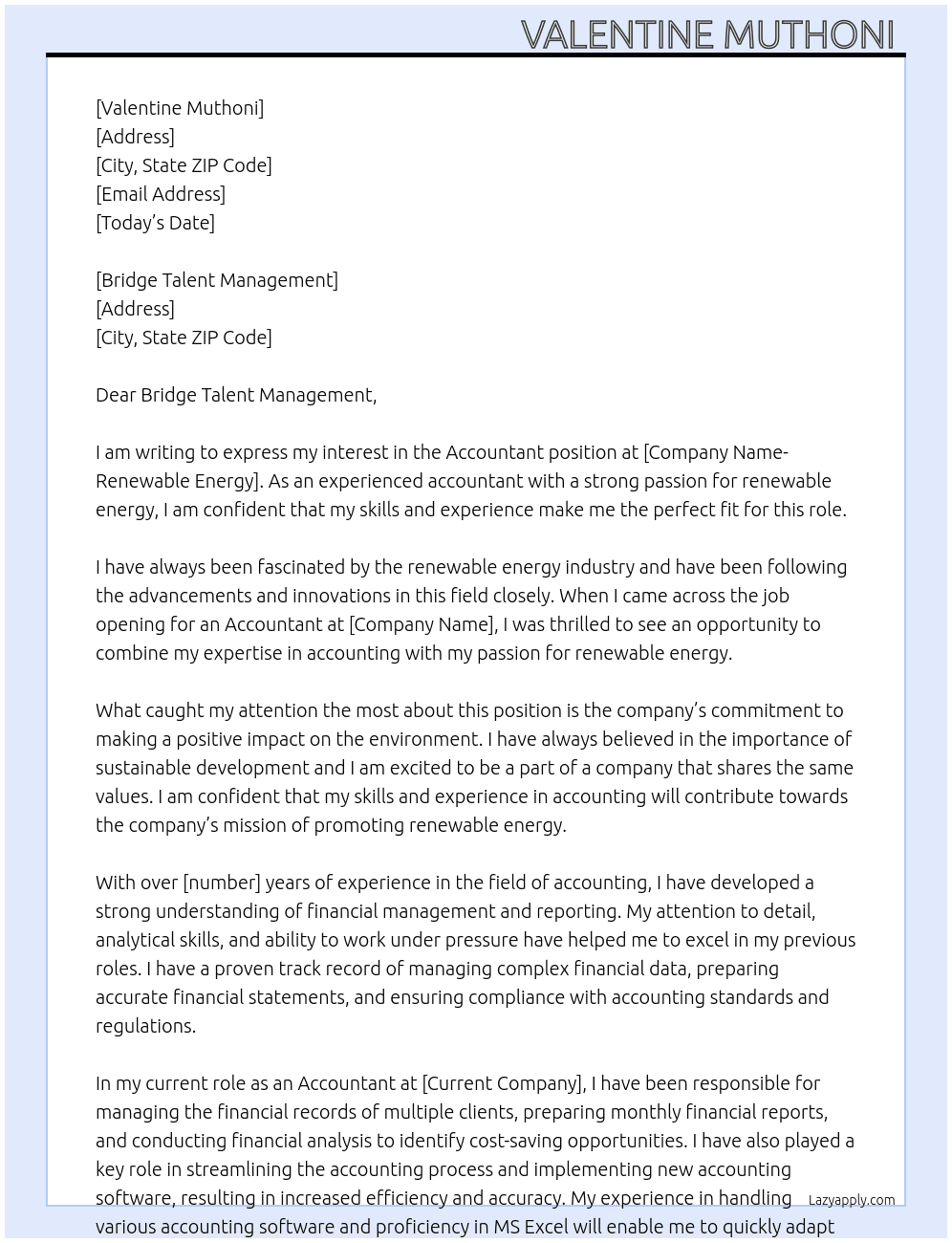 Accountant  At Accountant -renewable energy  Cover Letter