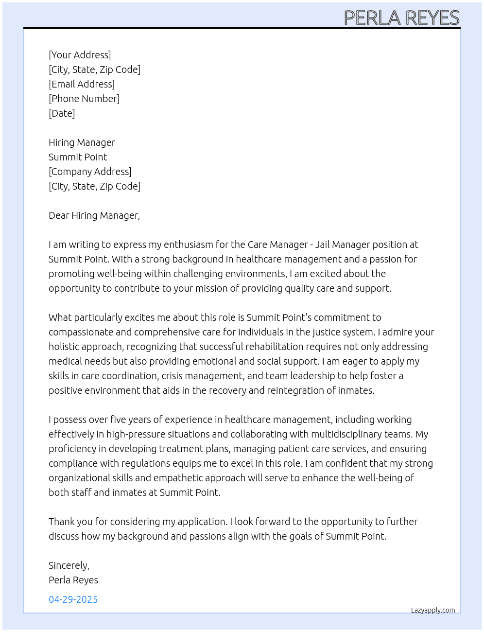 Care Manager- Jail Manager  At Summit Point Cover Letter