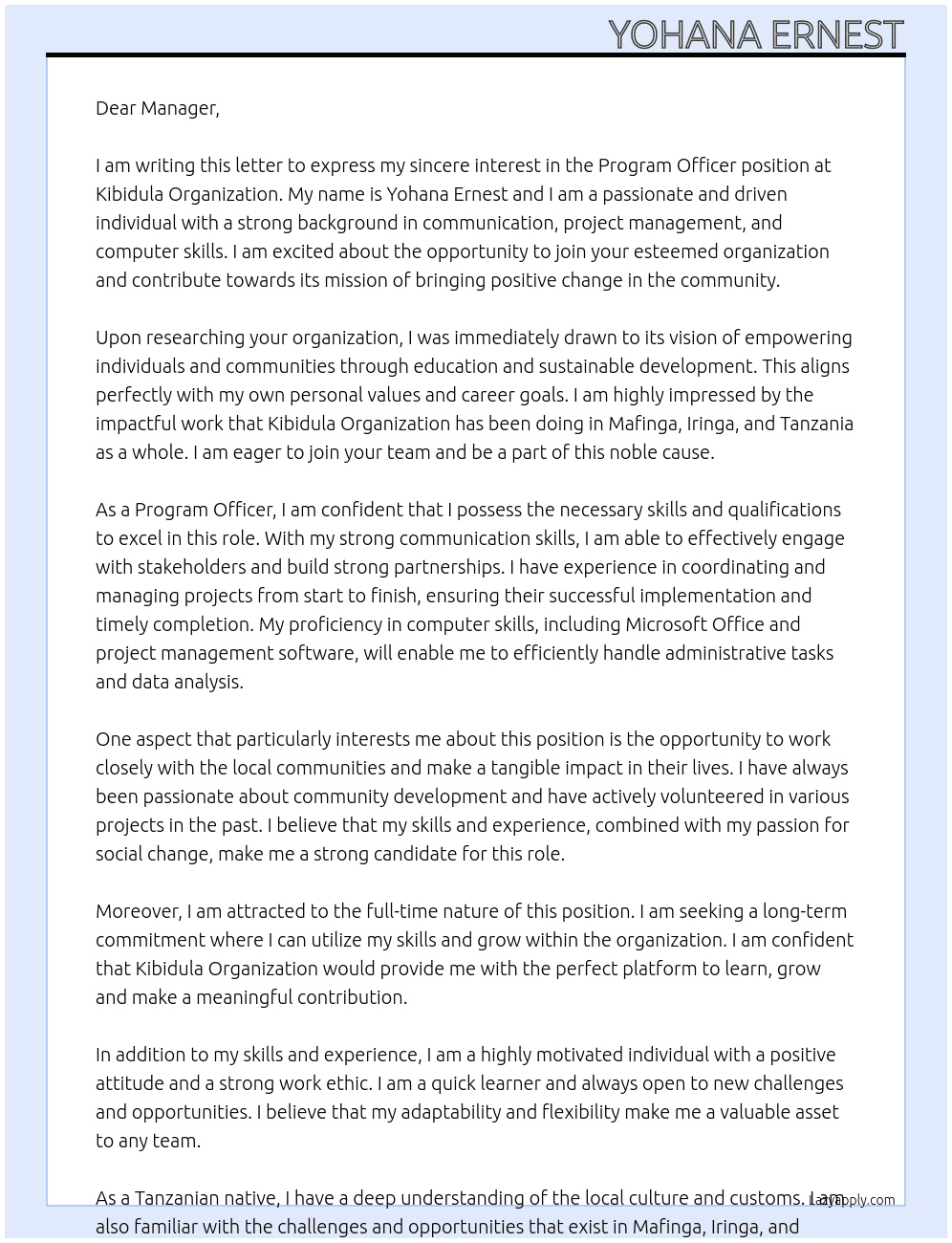 Program Officer At Kibidula Organization Cover Letter