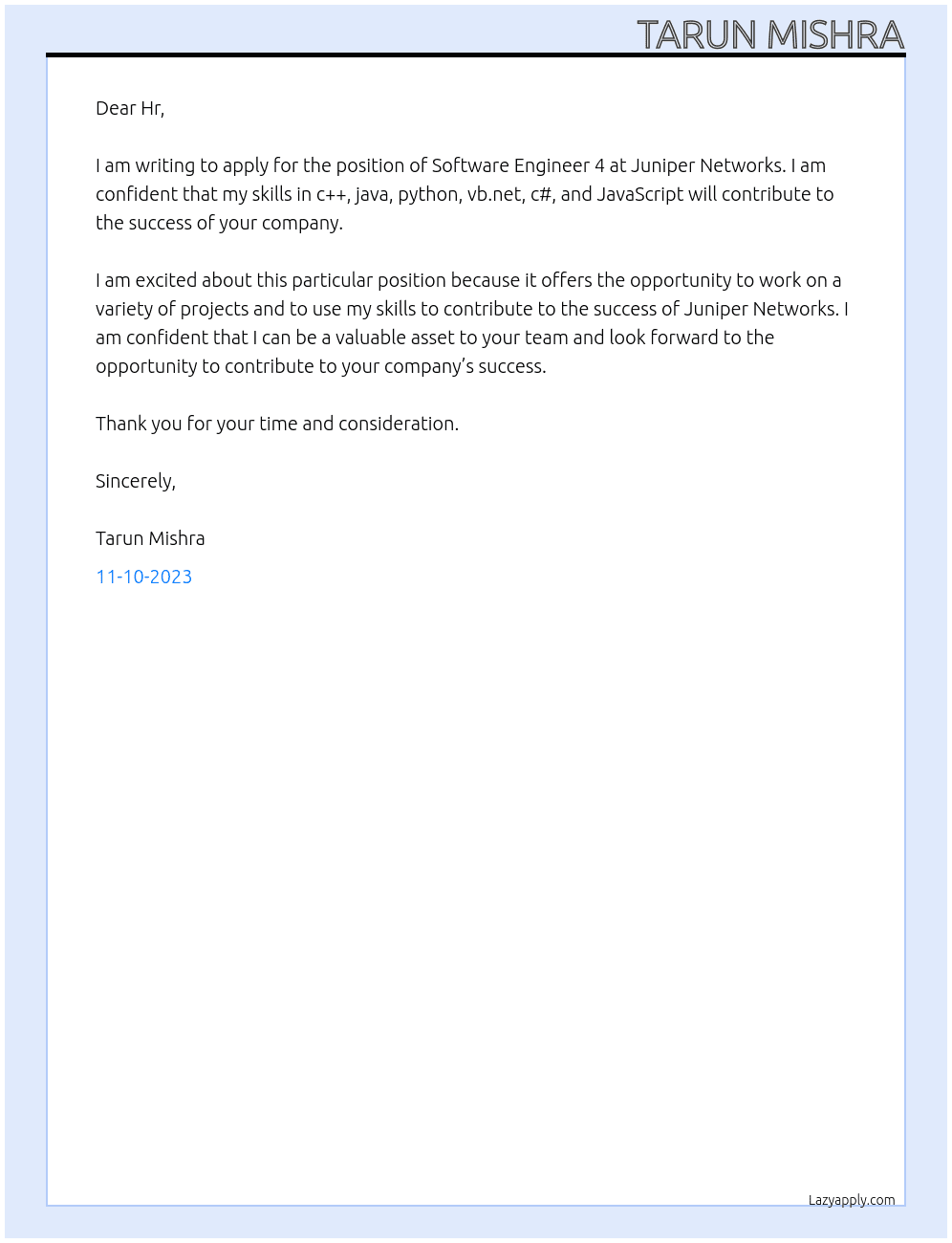 63414P-Software Engineer 4 At Juniper Networks  Cover Letter