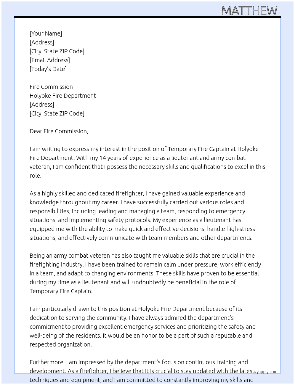 Temporary Fire Captain At Holyoke Fire Department Cover Letter