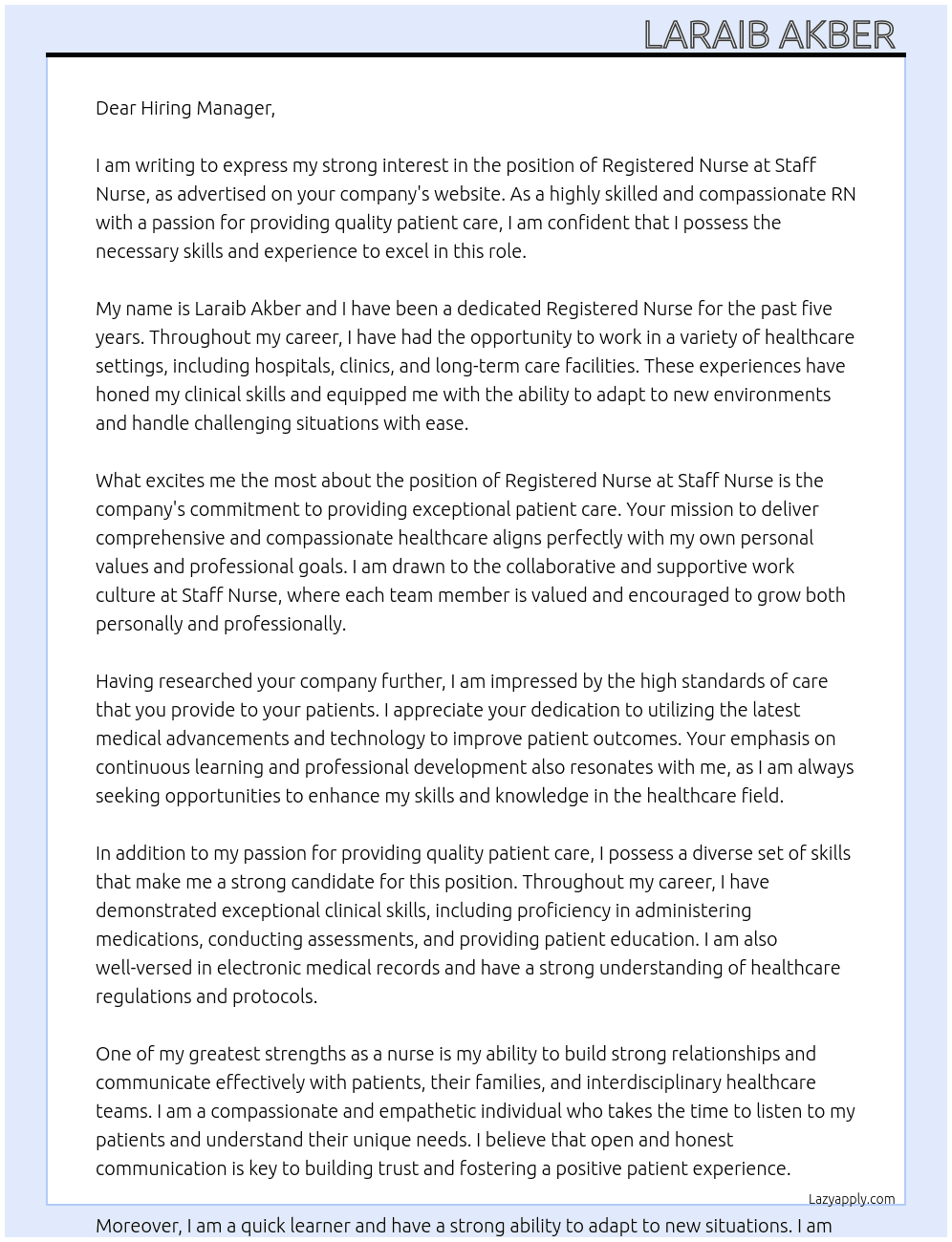 registered nurse  At staff nurse Cover Letter