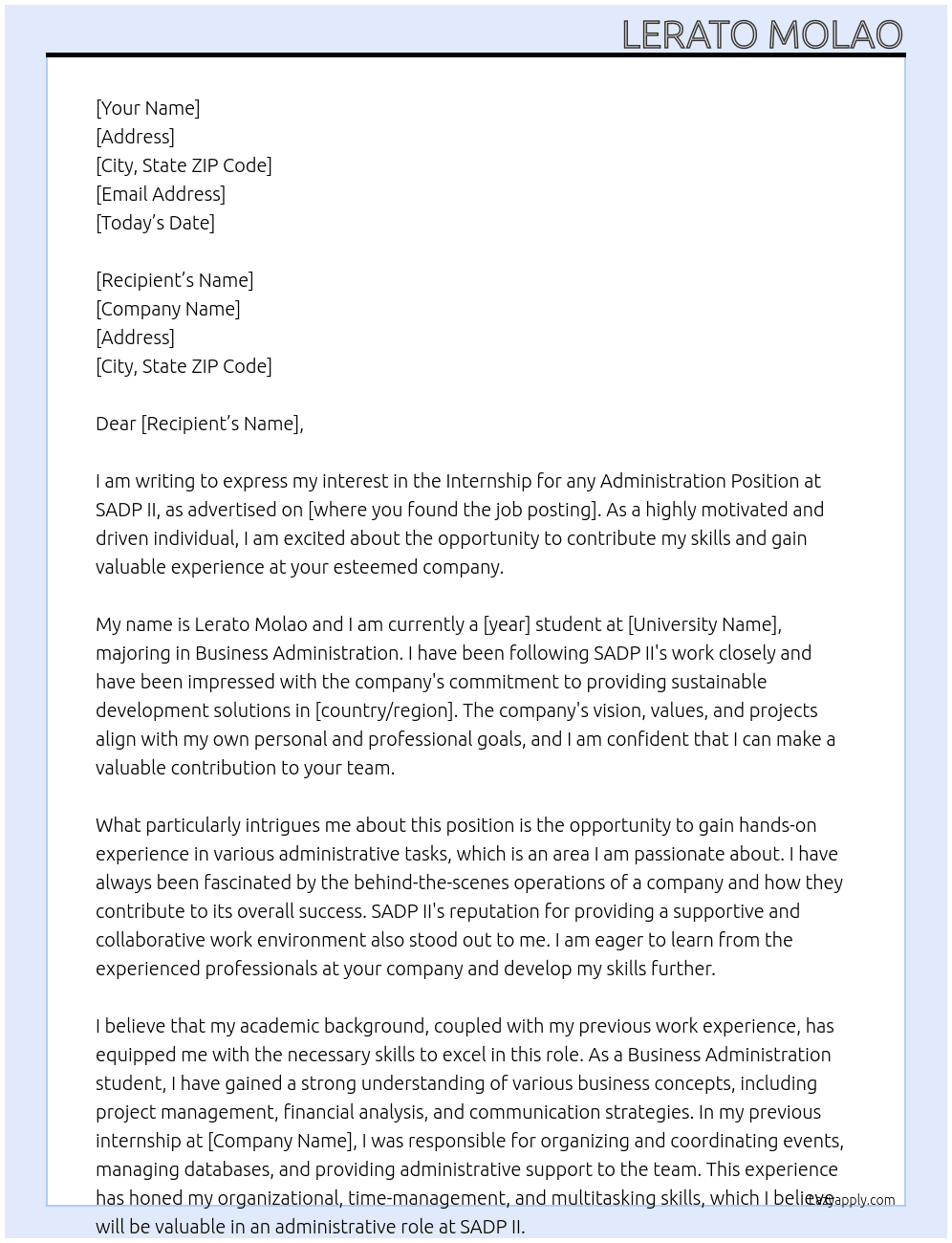 Internship for any Administration Position At SADP II Cover Letter