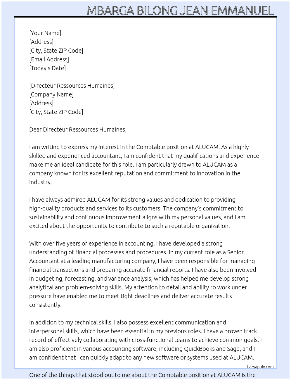 comptable  At ALUCAM Cover Letter