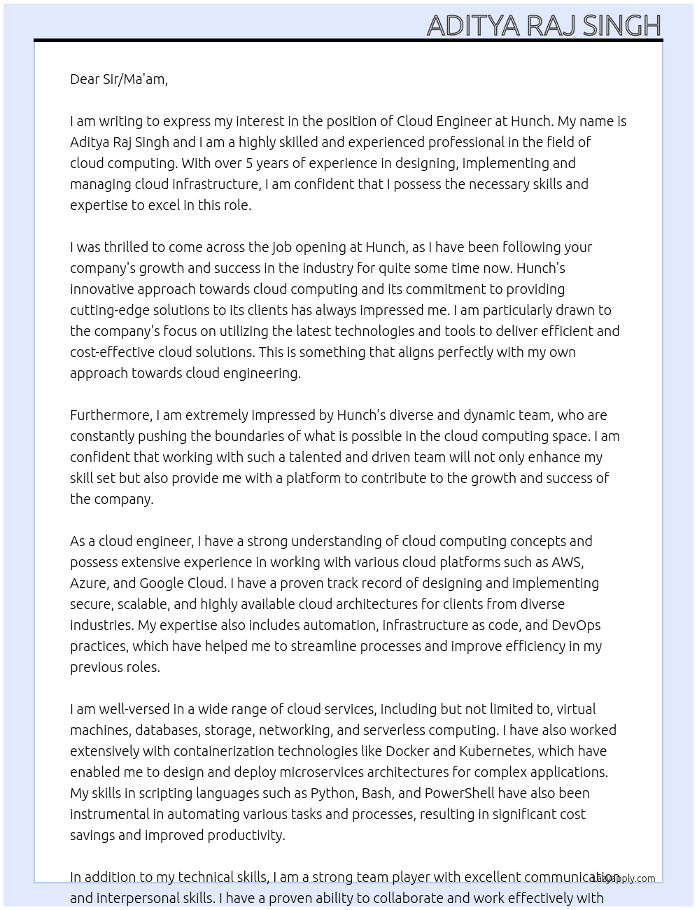 cloud engineer At hunch Cover Letter