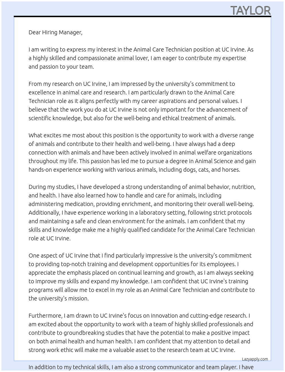 animal care technician At UC Irvine Cover Letter