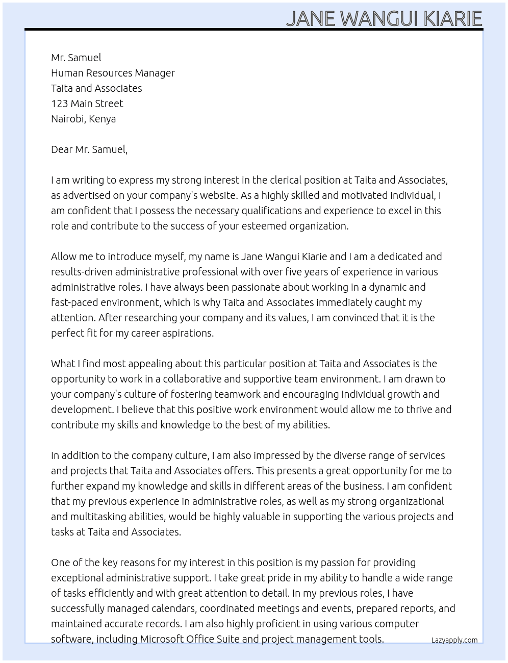 clerical position At Taita and Associates Cover Letter