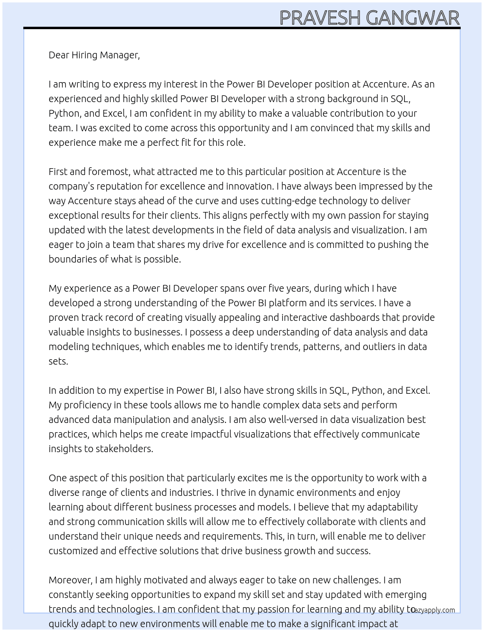 Power BI Developer At Accenture Cover Letter