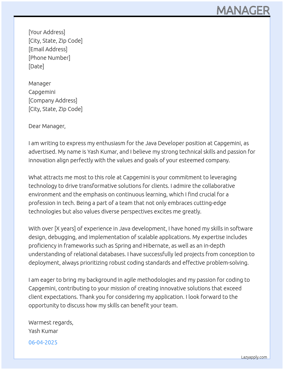 java developer At capegemini Cover Letter