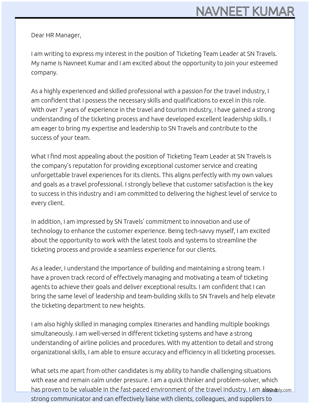 Ticketing Team Leader At sn travels Cover Letter