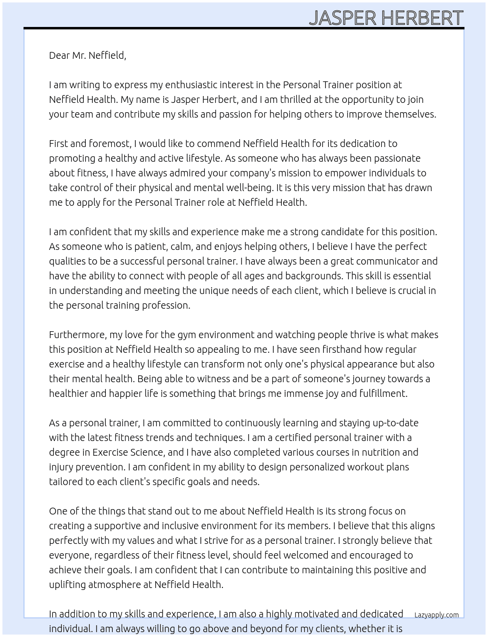 personal trainer At neffield health Cover Letter