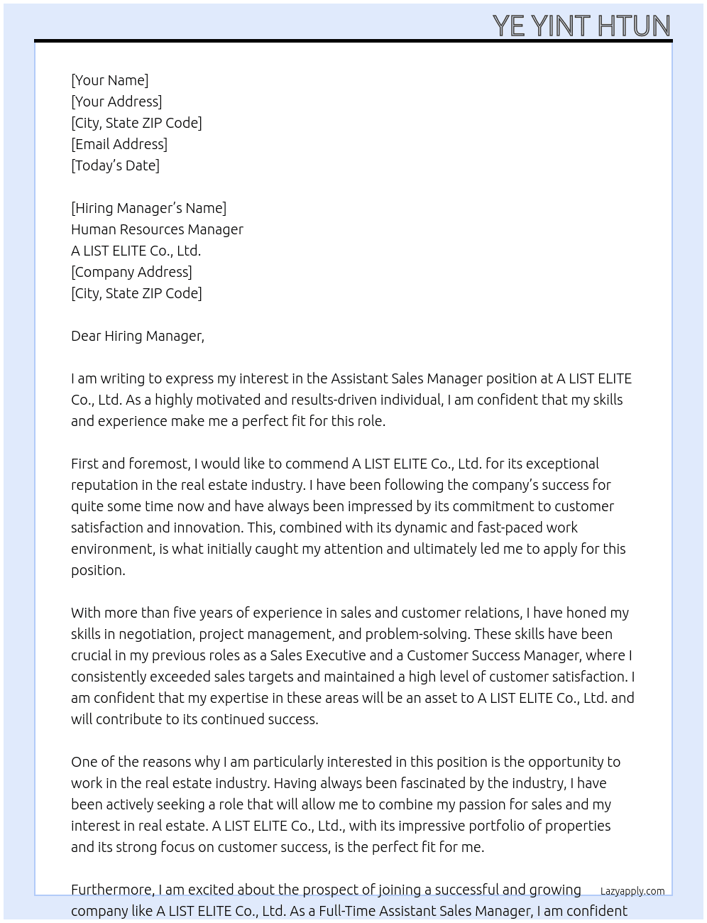Assistant sales manager  At A LIST ELITE Co., LtD. Cover Letter