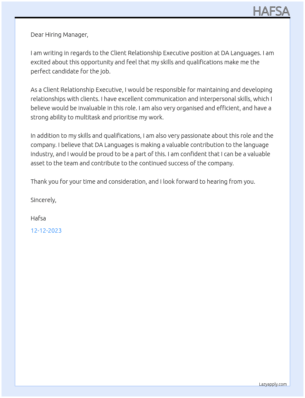 Client Relationship Executive At DA Languages Cover Letter