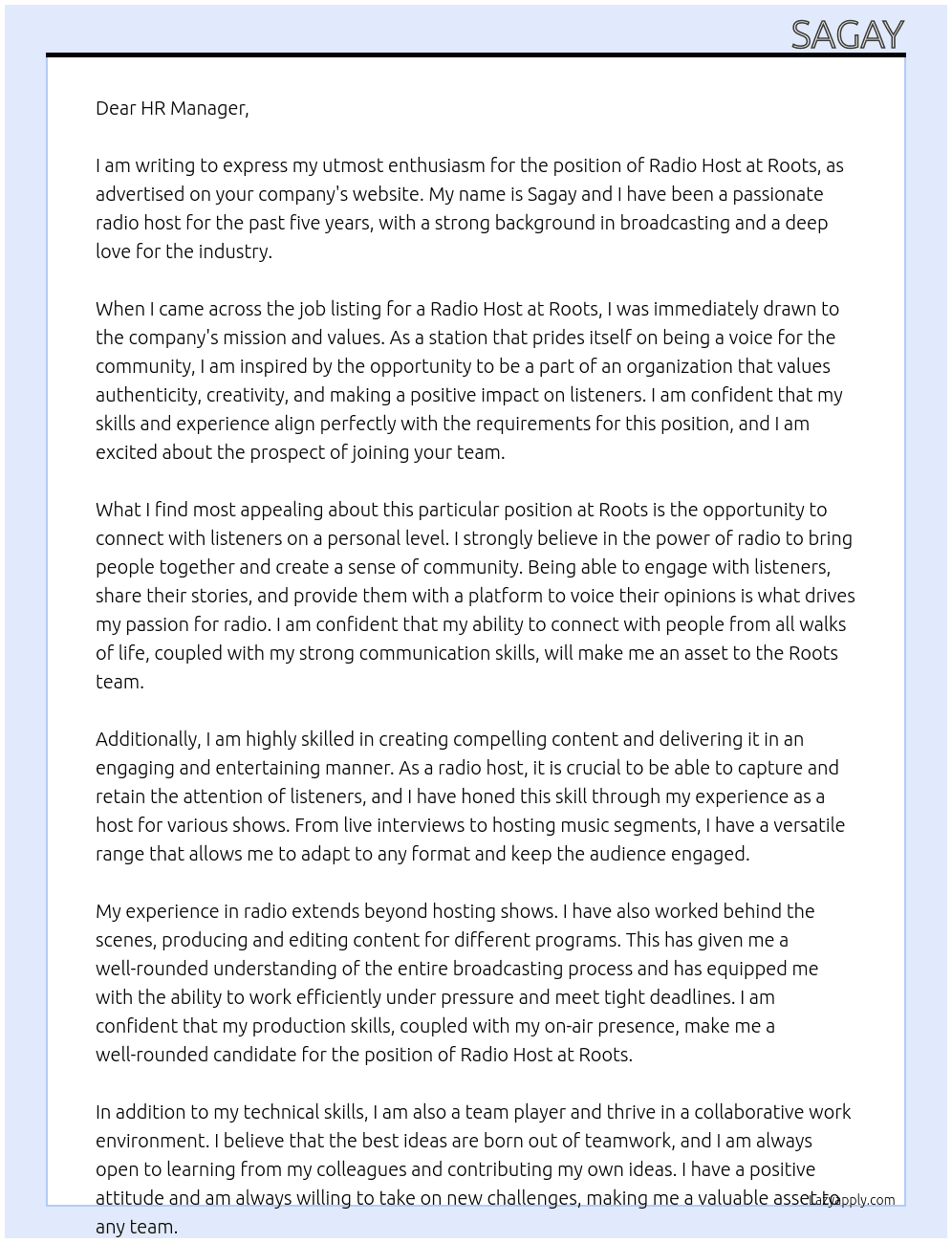 radio host At roots Cover Letter