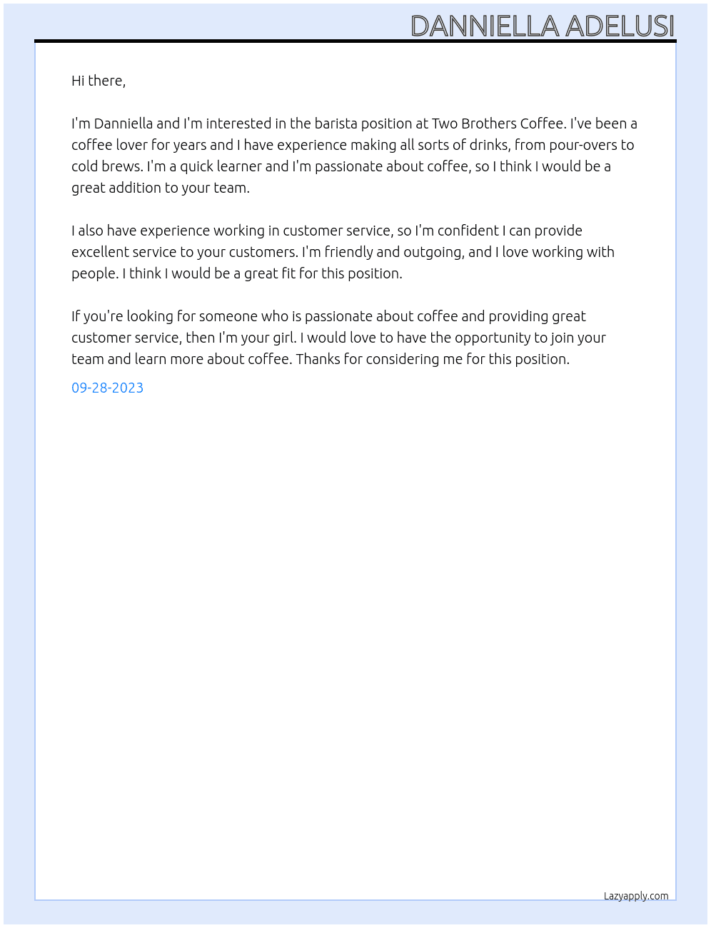 Barista At Two Brothers Coffee Cover Letter