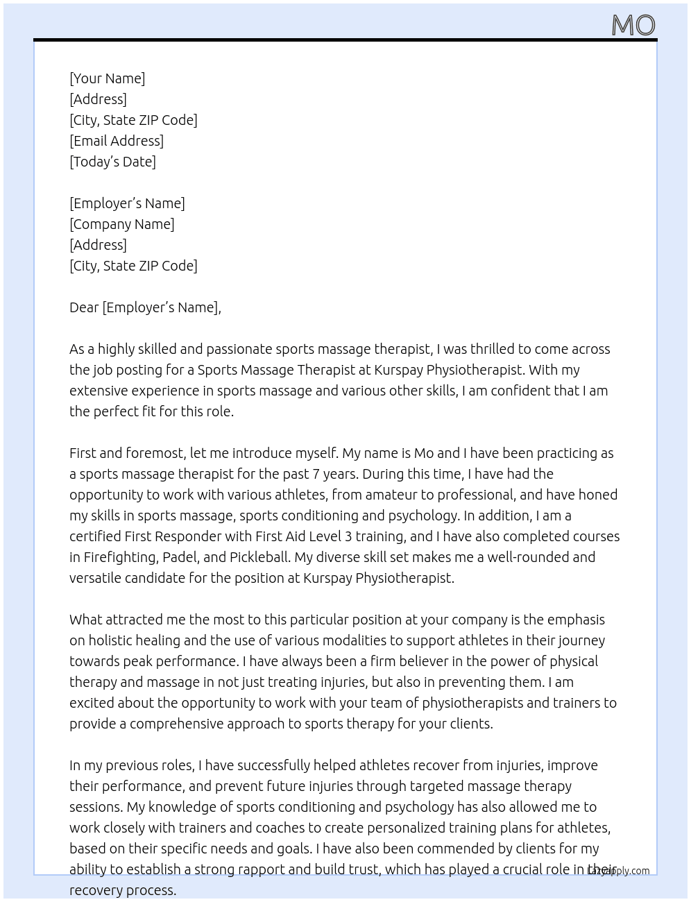 Sports massage therapist  At Kurspay physiotherapist  Cover Letter
