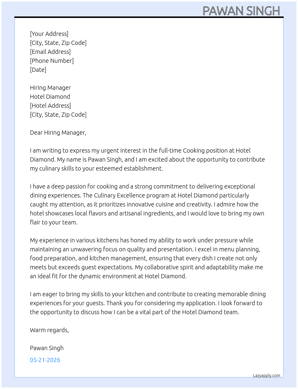Cooking  At Hotel diamond  Cover Letter