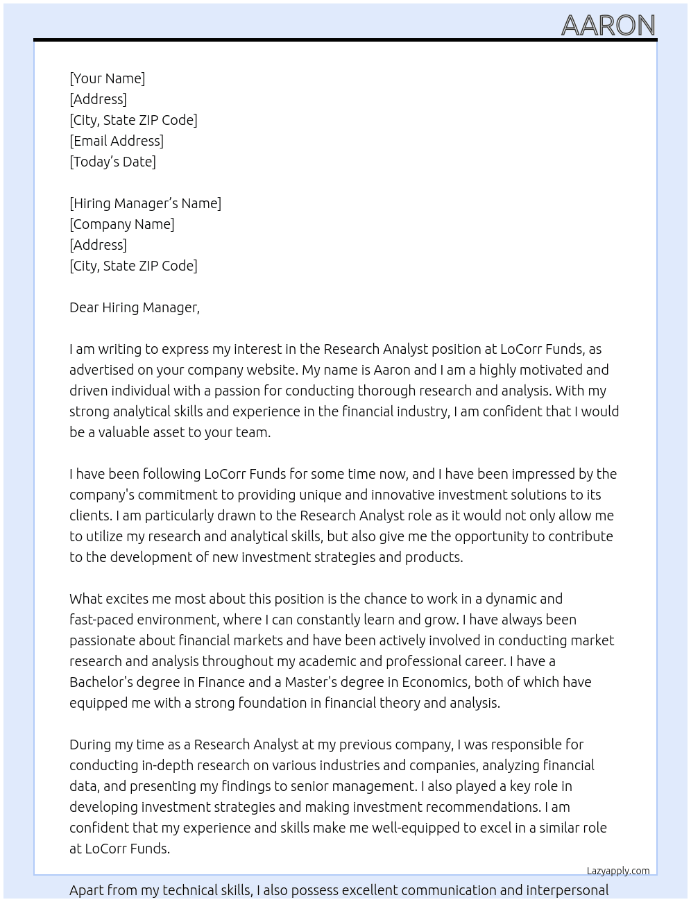 Research Analyst At LoCorr Funds Cover Letter