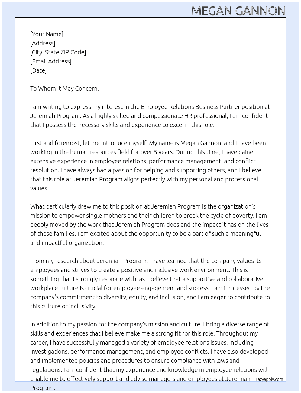 Employee Relations Business Partner  At Jeremiah Program Cover Letter