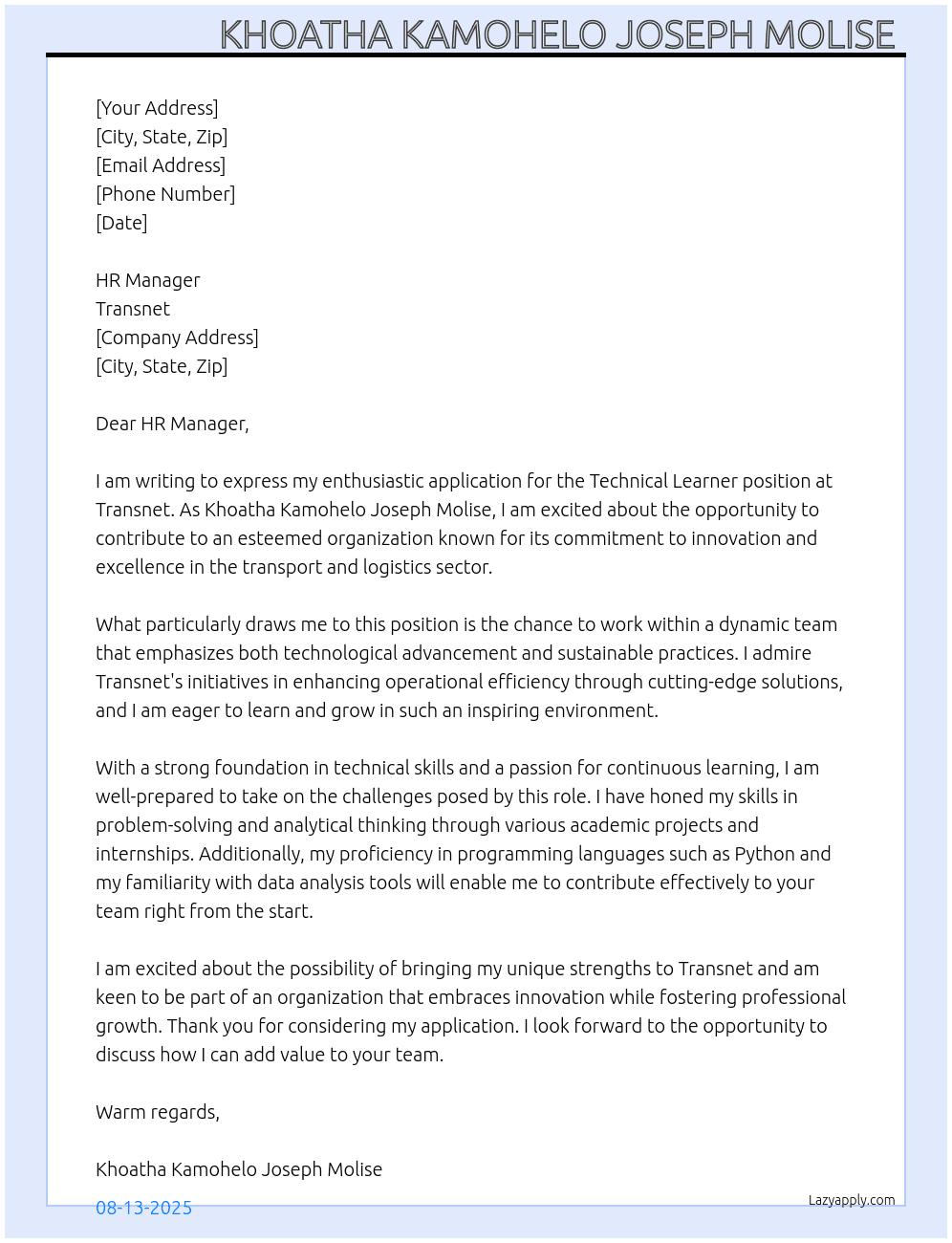Cover letter for technical learner - LazyApply