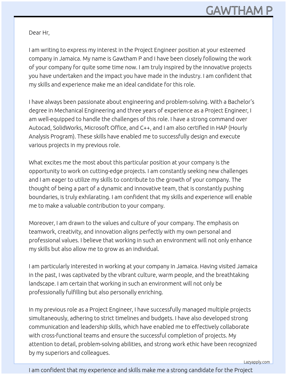 Project Engineer  At Company in Jamaica  Cover Letter