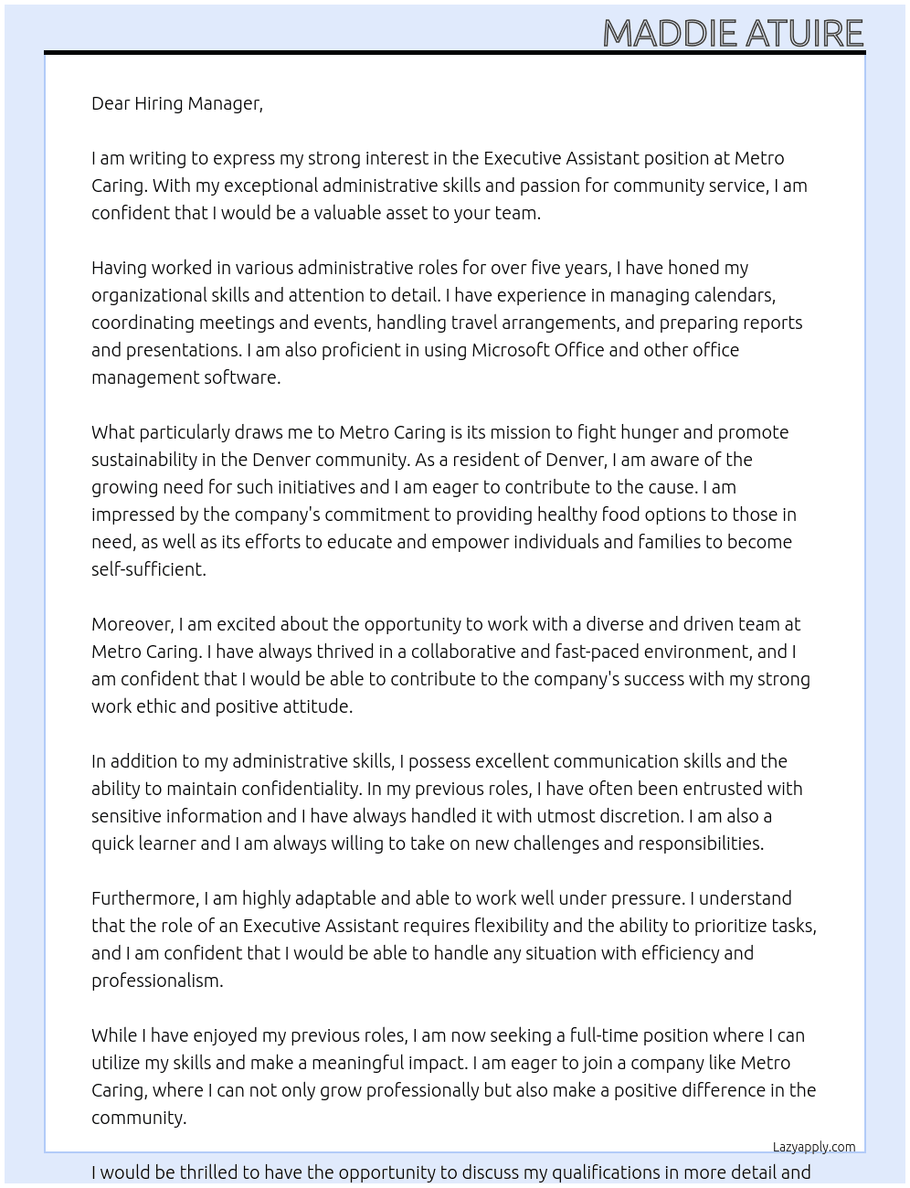 Executive Assistant At Metro Caring Cover Letter