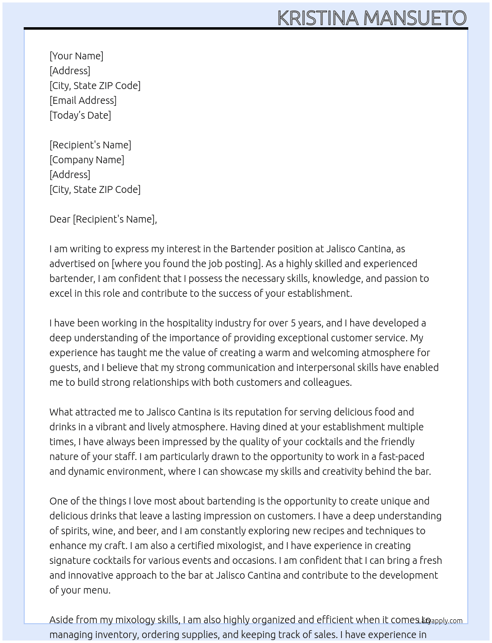 Bartender  At Jalisco Cantina Cover Letter