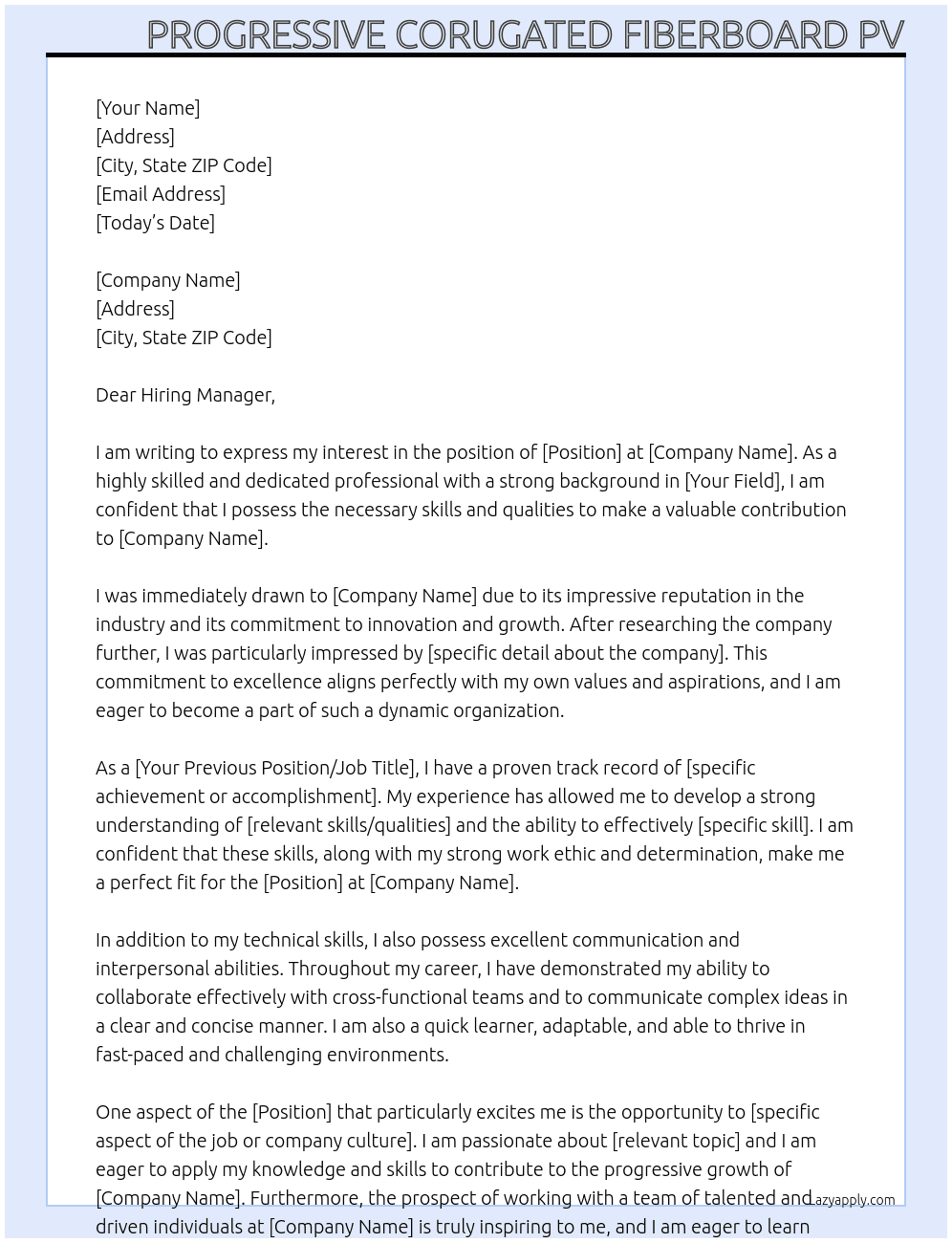 PROGRESSIVE CORRUGATED FIBERBOARD PVT LIMITED At PROGRESSIVE CORRUGATED FIBERBOARD PVT LIMITED Cover Letter