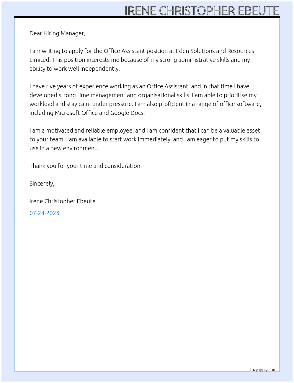 Office Assistant  At Eden Solutions and Resources Limited  Cover Letter