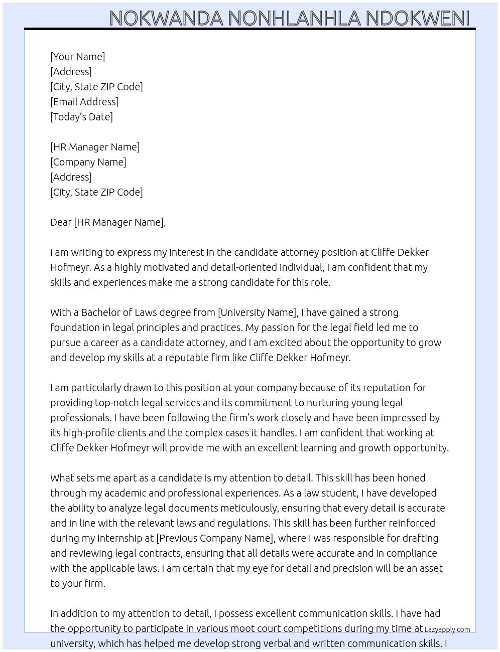 Candidate attorney  At Cliffe Dekker Hofmeyr Cover Letter
