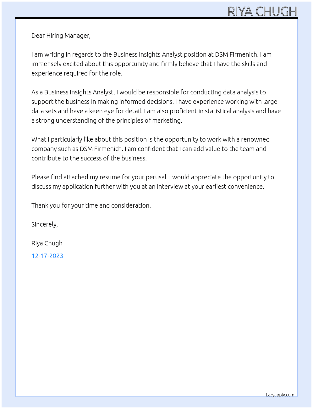 Business Insights Analyst At DSM Firmenich  Cover Letter