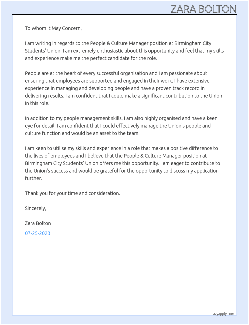 People & Culture Manager At Birmingham City Students' Union Cover Letter